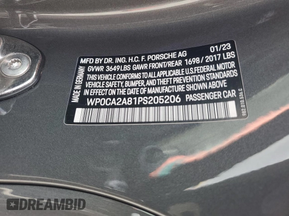 2023 Porsche Boxster with VIN WP0CA2A81PS205206, listed as a Copart auction lot 59809215 with 9,483 mi miles and Salvage title. Bid and sale history available at DreamBid. Image 13.