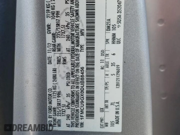 2013 Ford Escape SE with VIN 1FMCU9GX0DUB88456, listed as a Copart auction lot 50512625 with 108,303 mi miles and Non repairable. Bid and sale history available at DreamBid. Image 13.