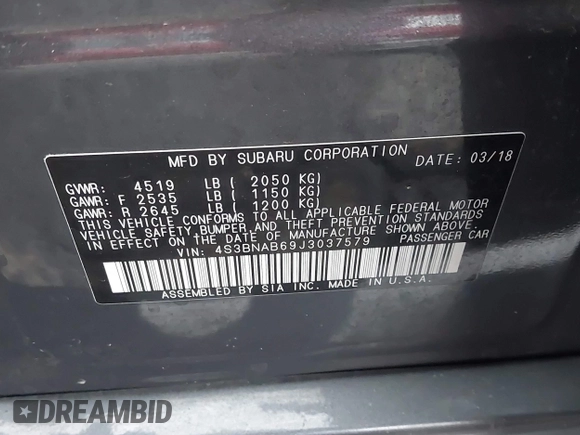 2018 Subaru Legacy z VIN 4S3BNAB69J3037579, wystawiony jako IAAI lot #41152457 z przebiegiem 59 593 mil mil oraz . Historia ofert i sprzedaży dostępna na DreamBid. Obrazek 9.