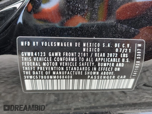 2021 Volkswagen Jetta S with VIN 3VWC57BU8MM068408, listed as a Copart auction lot 59475675 with 25,349 mi miles and Salvage title. Bid and sale history available at DreamBid. Image 12.