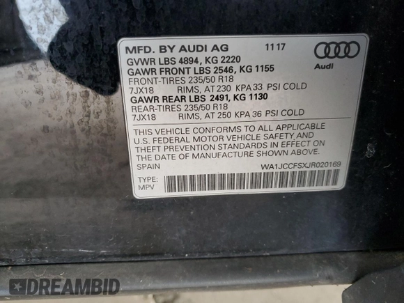 2018 Audi Q3 Premium Plus with VIN WA1JCCFSXJR020169, listed as a Copart auction lot 50516515 with 114,806 mi miles and Clean Title. Bid and sale history available at carsss.com. Image 13.