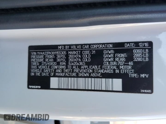 2017 Volvo XC90 Momentum с VIN YV4A22PKXH1155305, выставлен на аукционе Copart как лот 86155354 с пробегом 82 265 миль миль и Списание • Salvage title. История ставок и продаж доступна на DreamBid. Изображение 13.