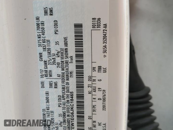 2018 Ford F-150 XL z VIN 1FTEW1EG6JKC18465, wystawiony jako Copart lot #57184095 z przebiegiem 135 688 mil mil oraz Szkoda całkowita • Salvage title. Historia ofert i sprzedaży dostępna na DreamBid. Obrazek 12.