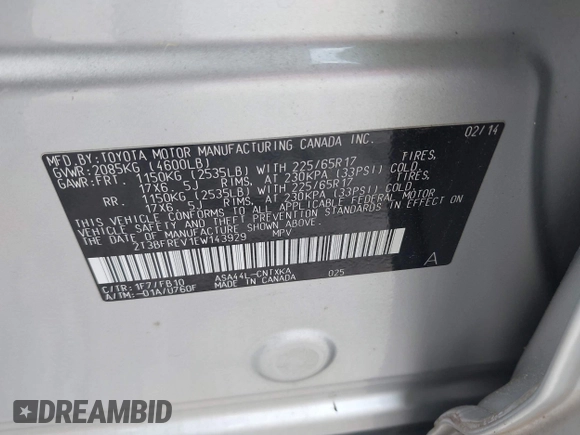 2014 Toyota RAV4 LE with VIN 2T3BFREV1EW143929, listed as a IAAI auction lot 42101167 with 124,076 mi miles and . Bid and sale history available at DreamBid. Image 9.