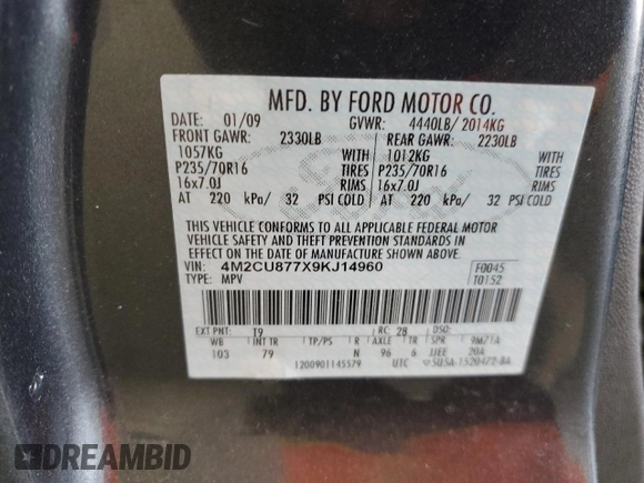 2009 Mercury Mariner Premier z VIN 4M2CU877X9KJ14960, wystawiony jako Copart lot #62951805 z przebiegiem 131 255 mil mil oraz Szkoda całkowita • Salvage title. Historia ofert i sprzedaży dostępna na DreamBid. Obrazek 13.