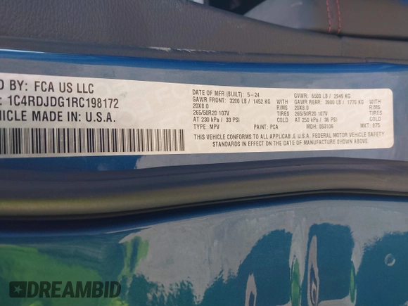 2024 Dodge Durango GT Plus z VIN 1C4RDJDG1RC198172, wystawiony jako IAAI lot #41320951 z przebiegiem 3 886 mil mil oraz . Historia ofert i sprzedaży dostępna na DreamBid. Obrazek 9.