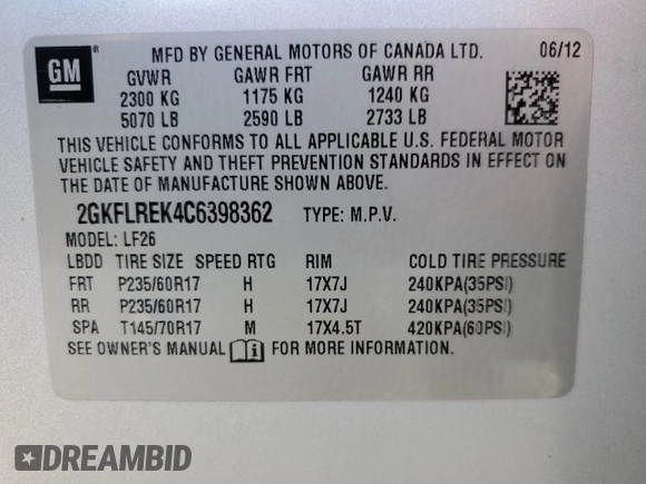 2012 GMC Terrain SLE-1 with VIN 2GKFLREK4C6398362, listed as a Copart auction lot 45713915 with 66,900 mi miles and Salvage Title. Bid and sale history available at DreamBid. Image 14.