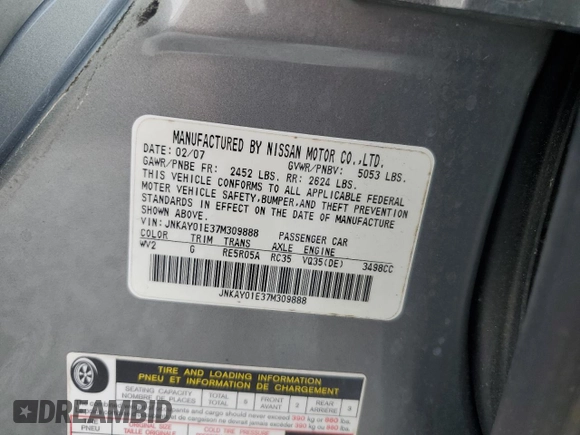 2007 Infiniti M Sport with VIN JNKAY01E37M309888, listed as a Copart auction lot 55955235 with 136,996 mi miles and Salvage title. Bid and sale history available at DreamBid. Image 13.