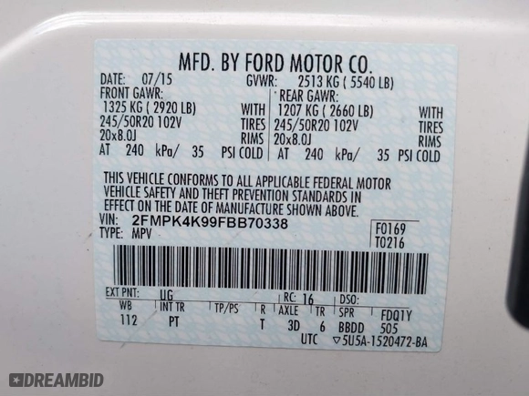 2015 Ford Edge Titanium with VIN 2FMPK4K99FBB70338, listed as a IAAI auction lot 41690665 with 34,958 mi miles. Bid and sale history available at carsss.com. Image 9.