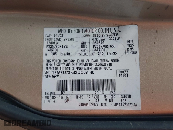 2003 Ford Explorer XLT с VIN 1FMZU73K43UC09140, выставлен на аукционе IAAI как лот 42311104 с пробегом 77 383 миль миль и . История ставок и продаж доступна на DreamBid. Изображение 9.