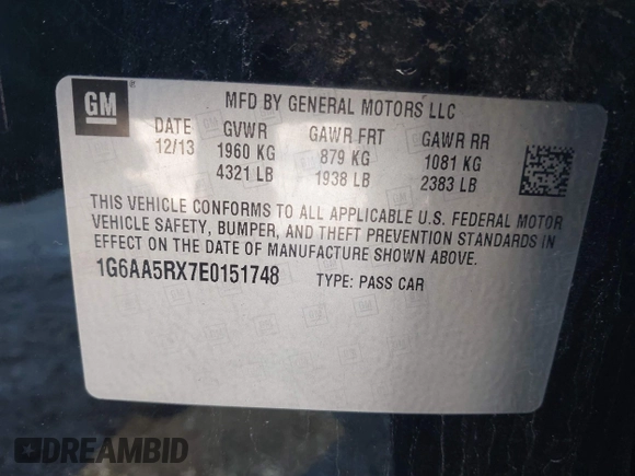 2014 Cadillac ATS Standard RWD with VIN 1G6AA5RX7E0151748, listed as a IAAI auction lot 41489412 with 116,427 mi miles and . Bid and sale history available at carsss.com. Image 9.