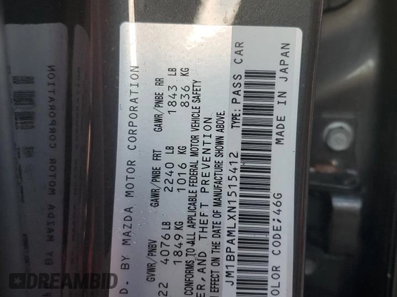 2022 Mazda Mazda3 Hatchback Premium with VIN JM1BPAMLXN1515412, listed as a Copart auction lot 74356564 with 0 mi miles and Salvage Title. Bid and sale history available at carsss.com. Image 14.