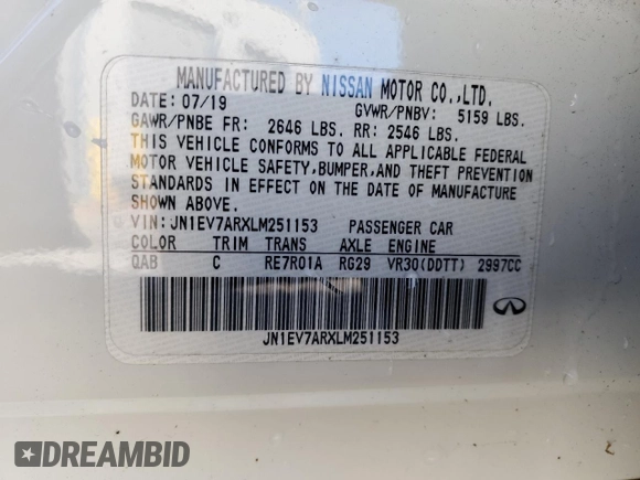 2020 Infiniti Q50 3.0t LUXE with VIN JN1EV7ARXLM251153, listed as a Copart auction lot 44759545 with 54,476 mi miles and Salvage Title. Bid and sale history available at carsss.com. Image 12.