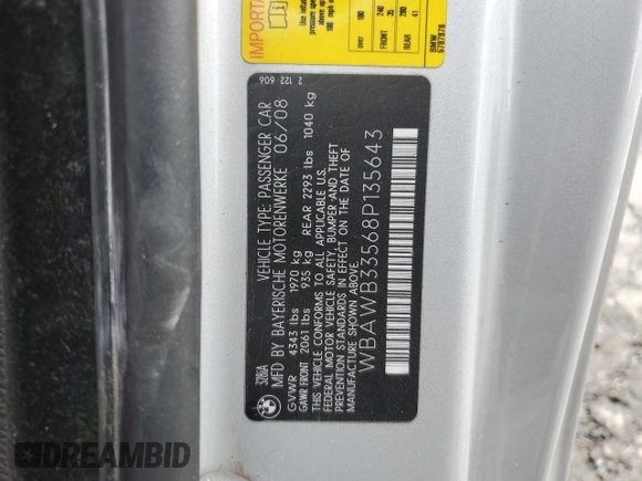 2008 BMW 3 Series 328i with VIN WBAWB33568P135643, listed as a Copart auction lot 89015125 with 64,173 mi miles and Salvage Title. Bid and sale history available at carsss.com. Image 12.