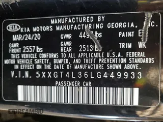2020 Kia Optima LX with VIN 5XXGT4L36LG449933, listed as a Copart auction lot 53752425 with 133,053 mi miles and Clean Title. Bid and sale history available at carsss.com. Image 12.