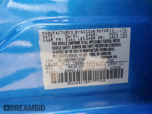 2021 Nissan Sentra SV with VIN 3N1AB8CV8MY297442, listed as a Copart auction lot 52731655 with 59,060 mi miles and Non Repairable. Bid and sale history available at DreamBid. Image 12.