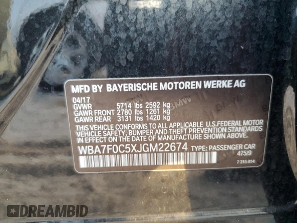 2018 BMW 7 Series 750i with VIN WBA7F0C5XJGM22674, listed as a Copart auction lot 74833524 with 0 mi miles and Salvage Title. Bid and sale history available at carsss.com. Image 12.