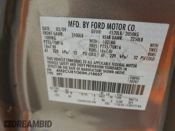 2009 Mercury Mariner with VIN 4M2CU81G69KJ18657, listed as a Copart auction lot 68869154 with 186,290 mi miles and Salvage title. Bid and sale history available at DreamBid. Image 16.