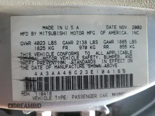 2003 Mitsubishi Galant ES z VIN 4A3AA46G23E104166, wystawiony jako Copart lot #55272055 z przebiegiem 160 653 mil mil oraz Szkoda całkowita • Salvage title. Historia ofert i sprzedaży dostępna na DreamBid. Obrazek 12.