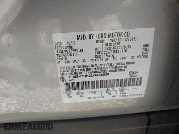 2020 Ford Explorer XLT z VIN 1FMSK7DH2LGA88858, wystawiony jako IAAI lot #41984871 z przebiegiem 79 222 mil mil oraz . Historia ofert i sprzedaży dostępna na DreamBid. Obrazek 9.