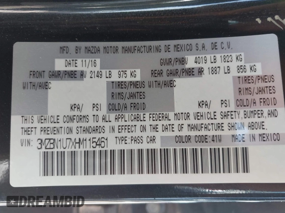 2017 Mazda 3 Sport with VIN 3MZBN1U7XHM115461, listed as a IAAI auction lot 42121334 with 128,444 mi miles and . Bid and sale history available at DreamBid. Image 9.
