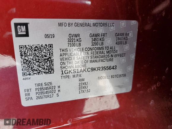 2019 GMC Yukon SLE with VIN 1GKS1AKC9KR355643, listed as a Copart auction lot 52050855 with 50,729 mi miles and Salvage Title. Bid and sale history available at carsss.com. Image 13.