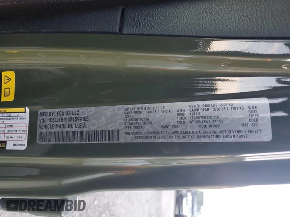 2021 Jeep Gladiator Rubicon with VIN 1C6JJTBM1ML599103, listed as a Copart auction lot 77084134 with 16,031 mi miles and Salvage title. Bid and sale history available at DreamBid. Image 12.