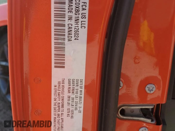 2022 Dodge Charger SXT with VIN 2C3CDXBG1NH126024, listed as a Copart auction lot 51675105 with 40,348 mi miles and Salvage Title. Bid and sale history available at DreamBid. Image 14.