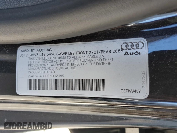 2013 Audi A7 Premium Plus z VIN WAUYGAFC6DN012195, wystawiony jako Copart lot #57422905 z przebiegiem 114 649 mil mil oraz Szkoda całkowita • Salvage title. Historia ofert i sprzedaży dostępna na DreamBid. Obrazek 13.