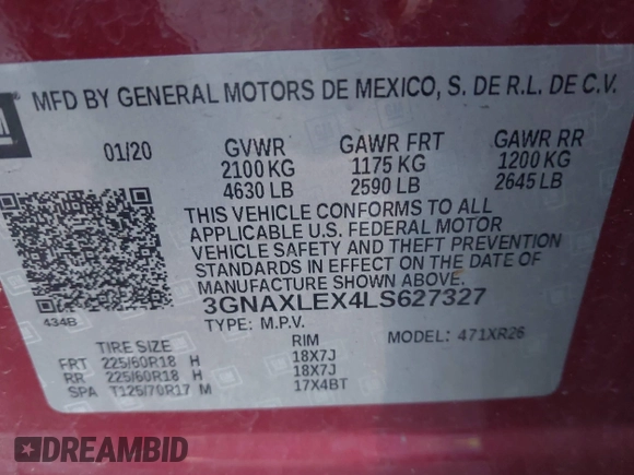 2020 Chevrolet Equinox LT with VIN 3GNAXLEX4LS627327, listed as a IAAI auction lot 41632204 with 93,549 mi miles. Bid and sale history available at carsss.com. Image 9.