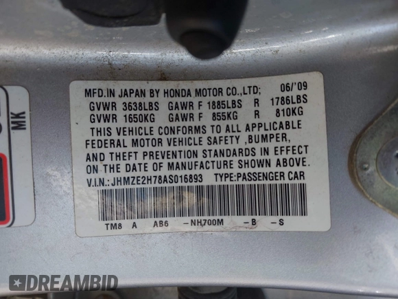2010 Honda Insight EX with VIN JHMZE2H78AS016893, listed as a IAAI auction lot 42420778 with 207,491 mi miles and . Bid and sale history available at DreamBid. Image 9.