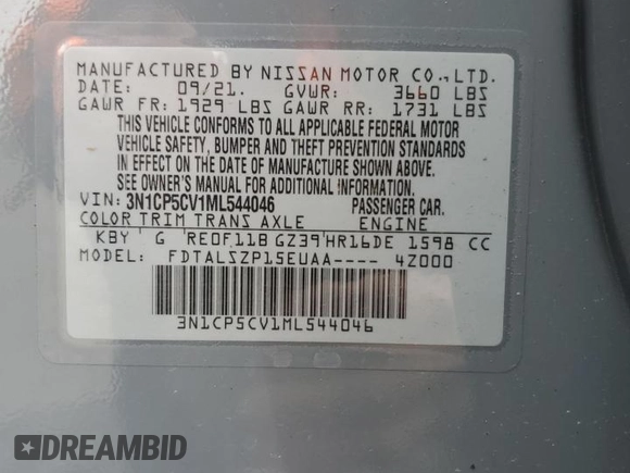 2021 Nissan Kicks SV with VIN 3N1CP5CV1ML544046, listed as a Copart auction lot 51936865 with 49,373 mi miles and Salvage Title. Bid and sale history available at DreamBid. Image 12.
