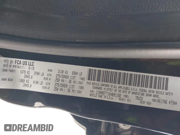2019 Ram 1500 Big Horn z VIN 1C6RREFT1KN891182, wystawiony jako IAAI lot #41634042 z przebiegiem 128 972 mil mil oraz . Historia ofert i sprzedaży dostępna na DreamBid. Obrazek 9.