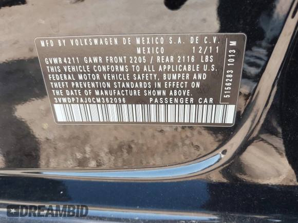 2012 Volkswagen Jetta SE with VIN 3VWDP7AJ0CM362096, listed as a IAAI auction lot 42529302 with 101,615 mi miles and . Bid and sale history available at DreamBid. Image 9.