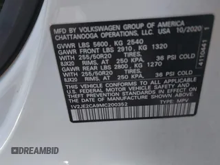 2021 Volkswagen Atlas SE z VIN 1V2JE2CA9MC200352, wystawiony jako IAAI lot #41367596 z przebiegiem 118 354 mil mil oraz . Historia ofert i sprzedaży dostępna na DreamBid. Obrazek 9.