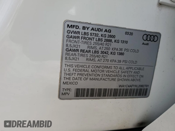 2020 Audi SQ5 Prestige with VIN WA1C4AFYXL2082701, listed as a Copart auction lot 82189943 with Not Provided miles and . Bid and sale history available at DreamBid. Image 13.