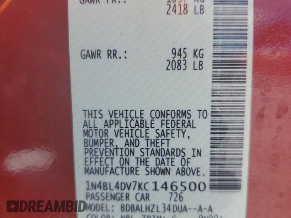 2019 Nissan Altima SV z VIN 1N4BL4DV7KC146500, wystawiony jako Copart lot #57273325 z przebiegiem 50 920 mil mil oraz Nie do naprawy • Non repairable. Historia ofert i sprzedaży dostępna na DreamBid. Obrazek 13.