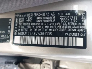 1997 Mercedes-Benz E-Class with VIN WDBJF55F3VA391335, listed as a IAAI auction lot 41606546 with 1 mi miles. Bid and sale history available at carsss.com. Image 9.