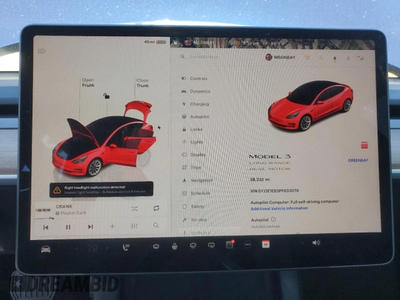 2023 Tesla Model 3 Long Range with VIN 5YJ3E1EB3PF633070, listed as a Copart auction lot 48942545 with 38,332 mi miles and Salvage Title. Bid and sale history available at DreamBid. Image 9.