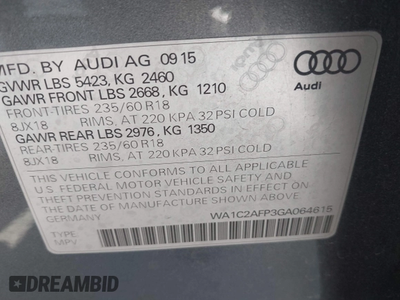 2016 Audi Q5 Premium with VIN WA1C2AFP3GA064615, listed as a IAAI auction lot 42346365 with 89,893 mi miles and . Bid and sale history available at DreamBid. Image 9.