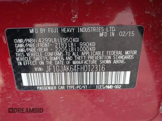 2015 Subaru Impreza Premium с VIN JF1GJAK64FH012316, выставлен на аукционе IAAI как лот 41772156 с пробегом 84 286 миль миль и . История ставок и продаж доступна на DreamBid. Изображение 9.