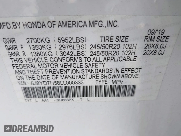 2020 Acura MDX Sport Hybrid w/Technology Pkg with VIN 5J8YD7H58LL000333, listed as a IAAI auction lot 41817961 with 59,463 mi miles. Bid and sale history available at carsss.com. Image 9.