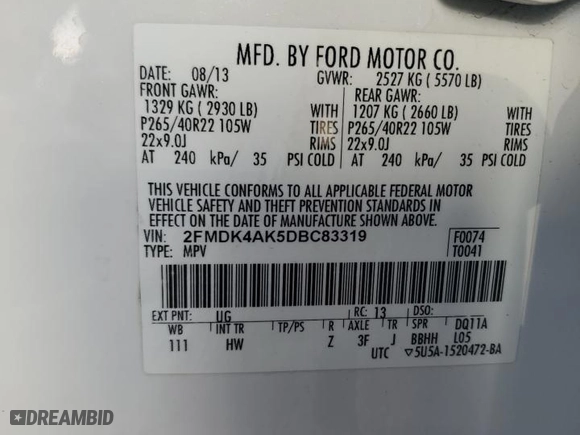 2013 Ford Edge Sport with VIN 2FMDK4AK5DBC83319, listed as a Copart auction lot 47864435 with 142,877 mi miles and Salvage Title. Bid and sale history available at carsss.com. Image 13.