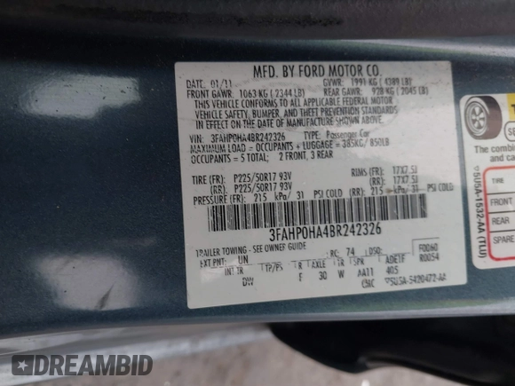 2011 Ford Fusion SE with VIN 3FAHP0HA4BR242326, listed as a IAAI auction lot 41511359 with 181,557 mi miles. Bid and sale history available at carsss.com. Image 9.