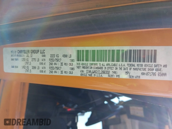 2012 Jeep Wrangler Sport with VIN 1C4AJWAG1CL286332, listed as a IAAI auction lot 42408102 with 169,204 mi miles and . Bid and sale history available at DreamBid. Image 9.