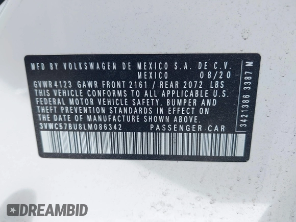 2020 Volkswagen Jetta S with VIN 3VWC57BU8LM086342, listed as a IAAI auction lot 41944302 with 57,064 mi miles and . Bid and sale history available at DreamBid. Image 9.