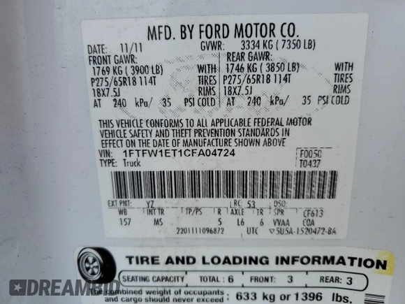 2012 Ford F-150 XL с VIN 1FTFW1ET1CFA04724, выставлен на аукционе Copart как лот 59537635 с пробегом 185 241 миль миль и Списание • Salvage title. История ставок и продаж доступна на DreamBid. Изображение 12.