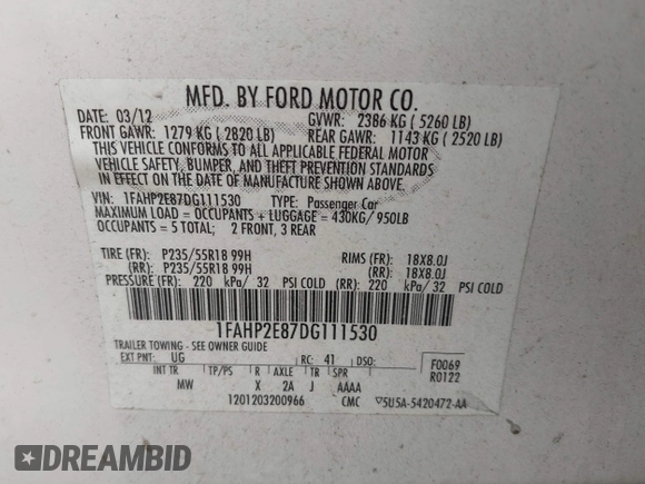 2013 Ford Taurus SEL with VIN 1FAHP2E87DG111530, listed as a IAAI auction lot 41322957 with 183,103 mi miles. Bid and sale history available at carsss.com. Image 9.