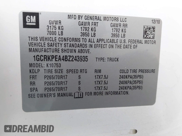 2011 Chevrolet Silverado 1500 Work Truck with VIN 1GCRKPEA4BZ243935, listed as a IAAI auction lot 42174670 with 118,917 mi miles and . Bid and sale history available at DreamBid. Image 9.