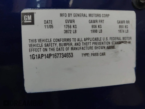 2006 Chevrolet Cobalt with VIN 1G1AP14P167734653, listed as a IAAI auction lot 40646697 with 87,410 mi miles and . Bid and sale history available at DreamBid. Image 9.